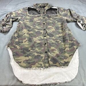 Thrill Jeans Camo Mesh Cutout Distressed Button Down Shirt Plus 3X High Low Hem